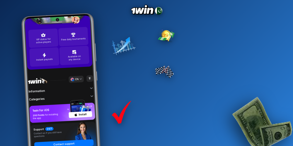 1Win app showing cricket sportsbook and casino lobby side by side on two smartphones