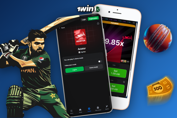 1Win Aviator app toggle switching from demo mode to real PKR balance play