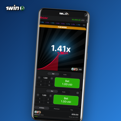 Aviator crash game rising multiplier chart inside the 1Win casino app lobby