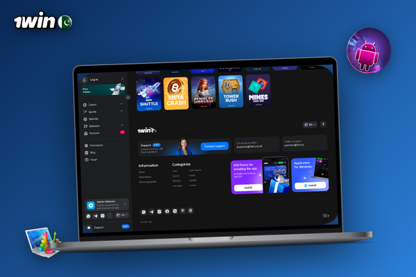 1Win Casino app slot lobby on smartphone with desktop version in background
