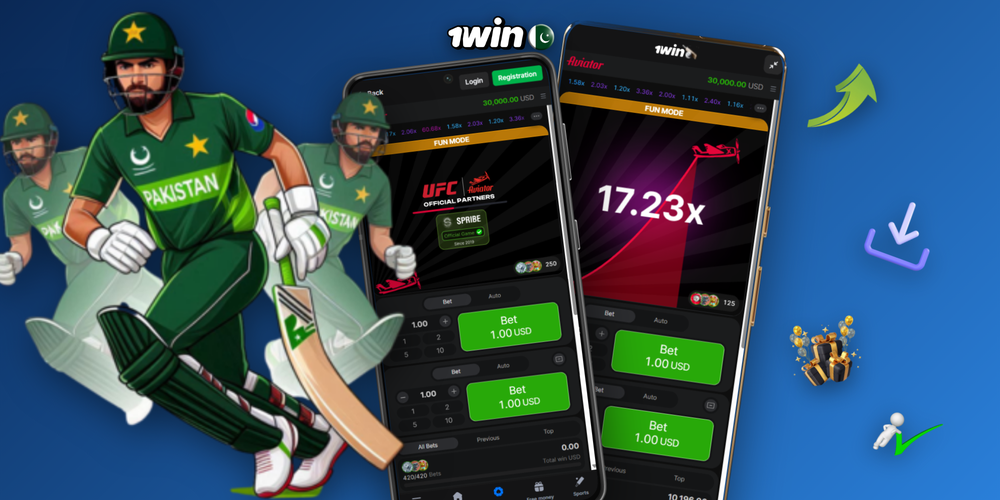 1Win game app featuring Aviator crash game surrounded by slots, live dealer and cricket icons
