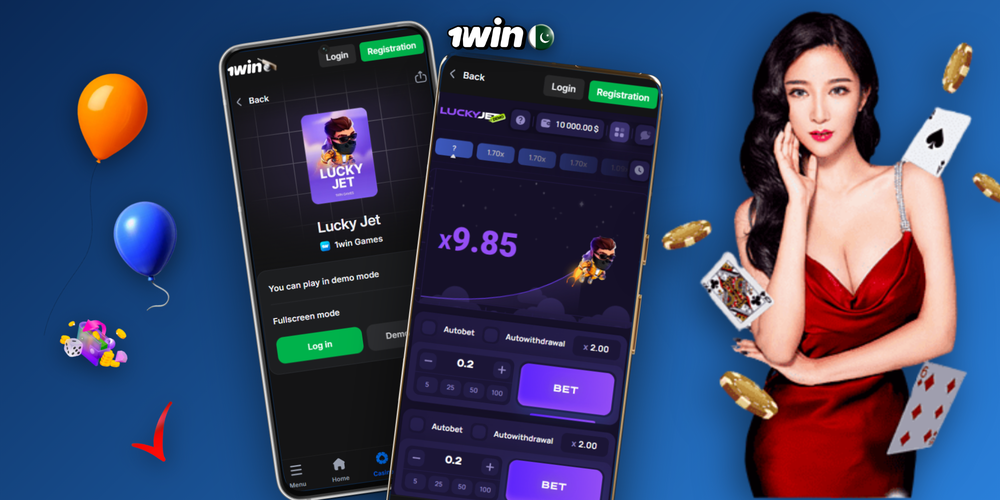 1Win Lucky Jet game interface showing demo toggle and PKR bet panel with ×3.18 multiplier