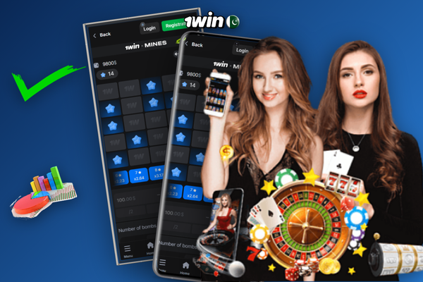 1Win Mines Pro demo mode toggle bet panel with PKR 20 input and mine count slider