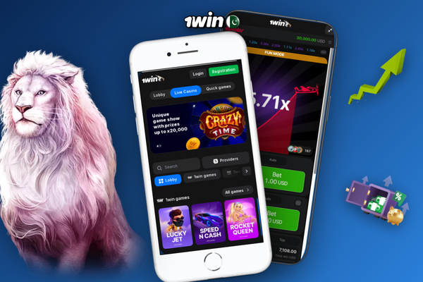 Smartphone home screen showing the 1Win app available on Android and Apple devices