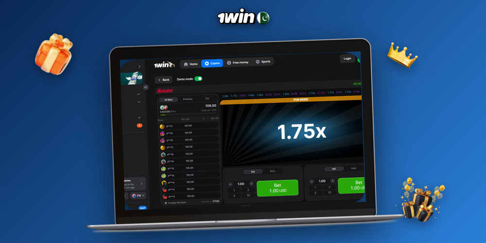 1Win partners dashboard with rising charts and cricket slots Aviator icons