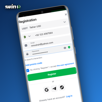 1Win phone number sign-up via SMS code on Pakistani +92 number
