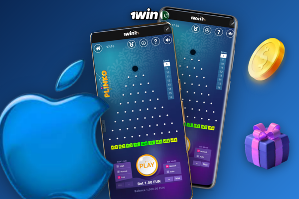 1Win Plinko app download on smartphone showing risk selector and live ball drop