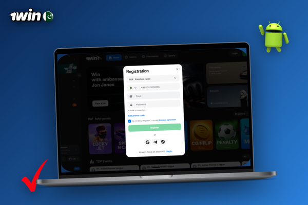 1Win register login screen showing Account ID and password fields on laptop